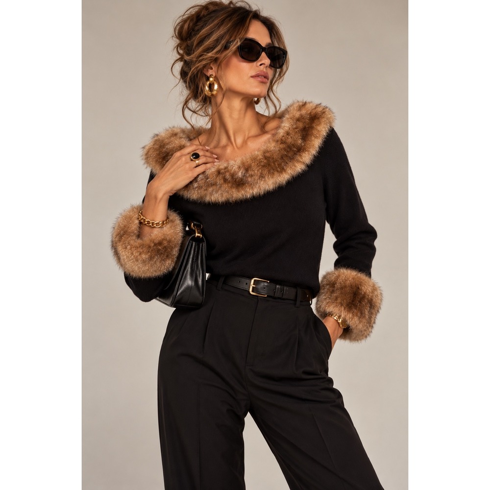 Vintage Kikit Maurice Sasson Black Sweater Faux Fur Trim Portrait Neck M Mobwife